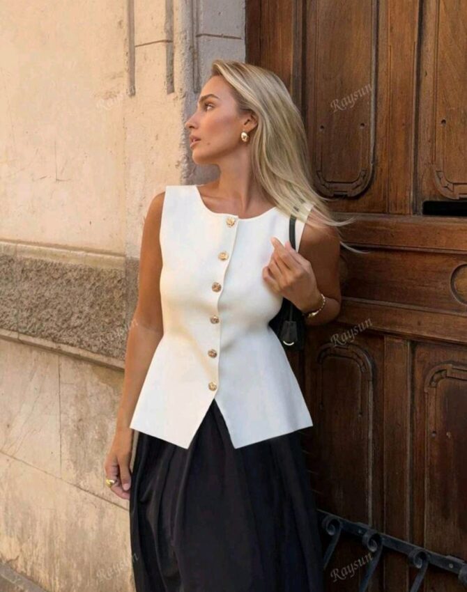 Button Embellished Solid Color Knit Vest