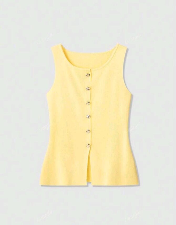 Button Embellished Solid Color Knit Vest - Image 8