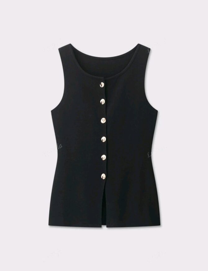 Button Embellished Solid Color Knit Vest - Image 5