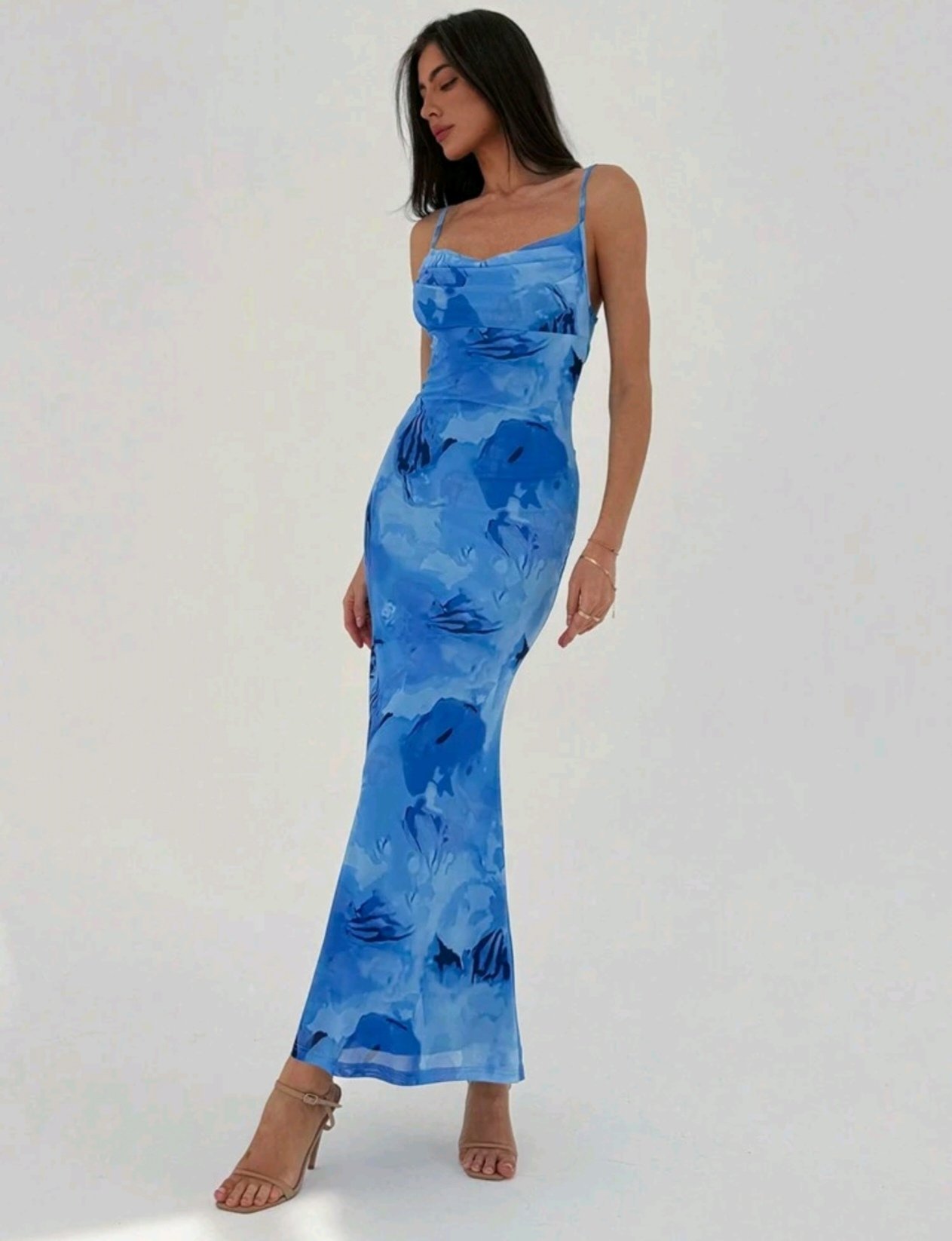 Allover Printed Bodycon Draped Collar Fishtail Dress – Seasonstuff