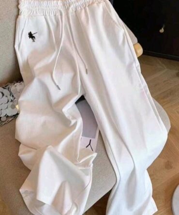 Little Horse Embroidered Relaxed Fit Solid Color Straight Leg Pants For Women