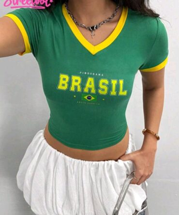 Basic Street Sports Sporty Letter V-Neck Crop Top Tee
