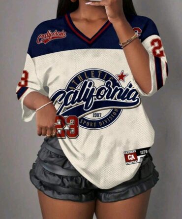 Retro Letter & Number Badge Placement Mesh Letter & Number Print Women T-Shirt, Suitable For Summer & Sports Season