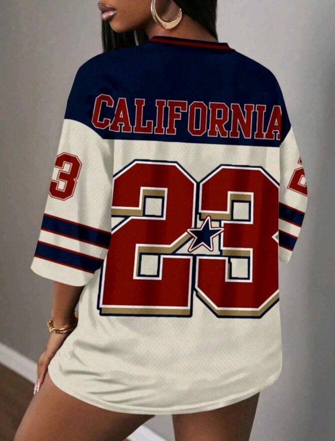 Retro Letter & Number Badge Placement Mesh Letter & Number Print Women T-Shirt, Suitable For Summer & Sports Season - Image 2