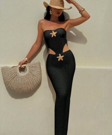 Women's Summer Pool Party Coverup, Solid Color High-Quality, Golden Starfish Decoration Button,Beach Dress