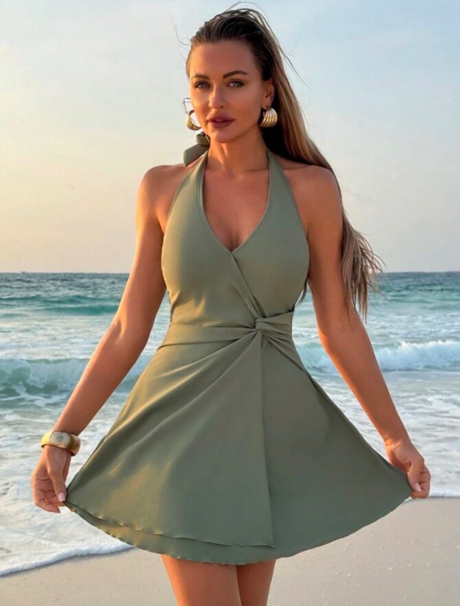 Swim Lushoire Women's Solid Color Casual Swim Dress & Swim Bottom - Image 2