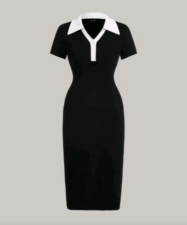 Preppy Style Black And White Contrast Collar Button Front Dress