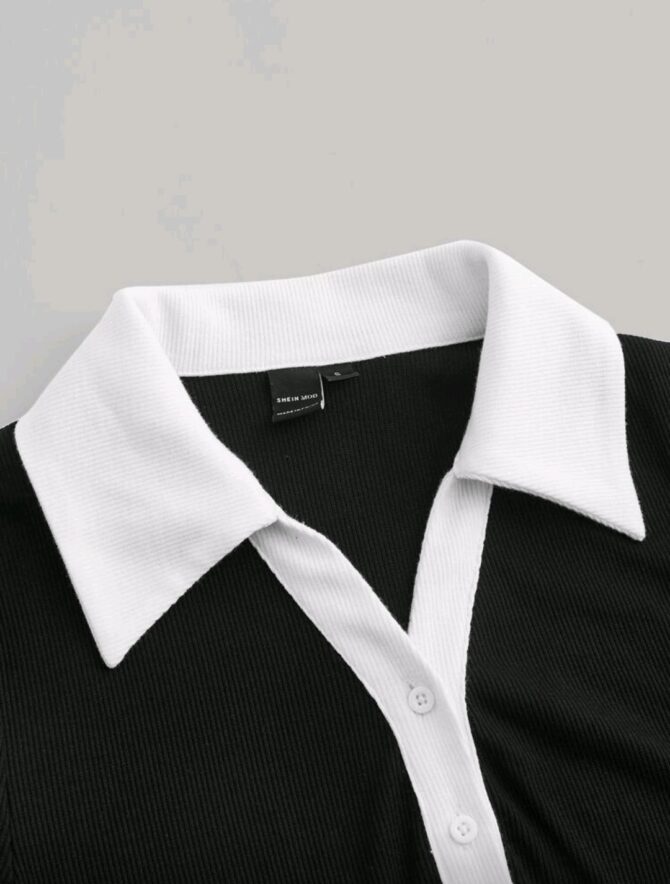 Preppy Style Black And White Contrast Collar Button Front Dress - Image 3