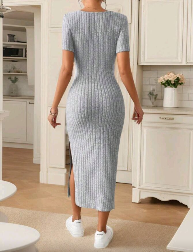 Women's Square Neck Slim Fit High Split Square Neck Texture Fabric Summer Dress - Image 2
