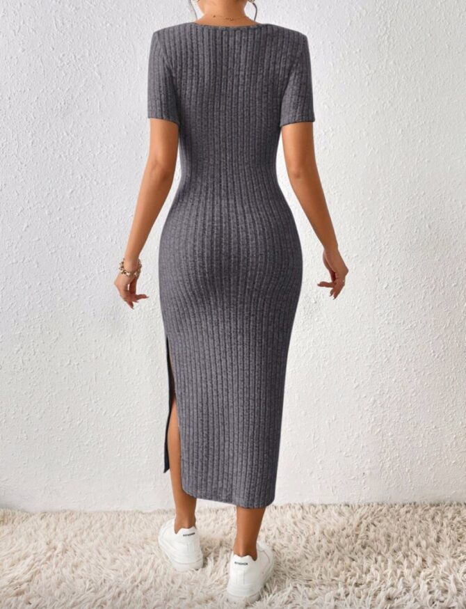 Women's Square Neck Slim Fit High Split Square Neck Texture Fabric Summer Dress - Image 4