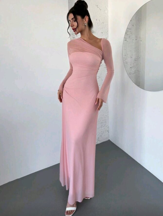 Women's Light Pink Asymmetric Shoulder Mesh Long Sleeve Pleated Extra Long Dress. - Image 3
