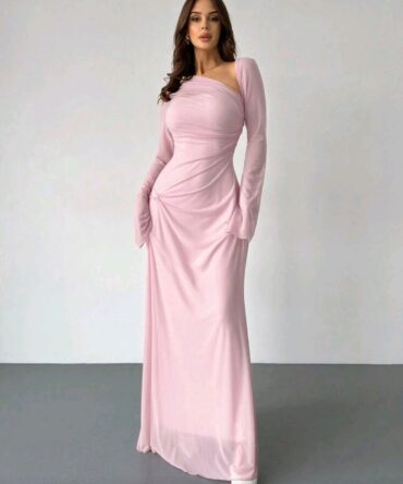 Women's Light Pink Asymmetric Shoulder Mesh Long Sleeve Pleated Extra Long Dress.
