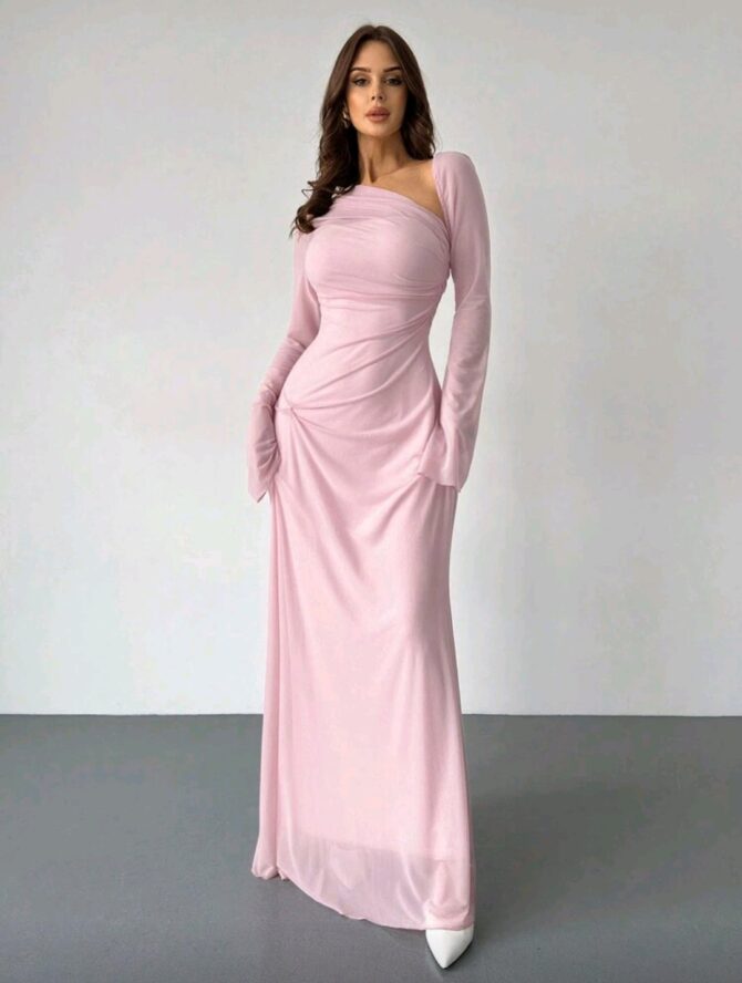 Women's Light Pink Asymmetric Shoulder Mesh Long Sleeve Pleated Extra Long Dress.