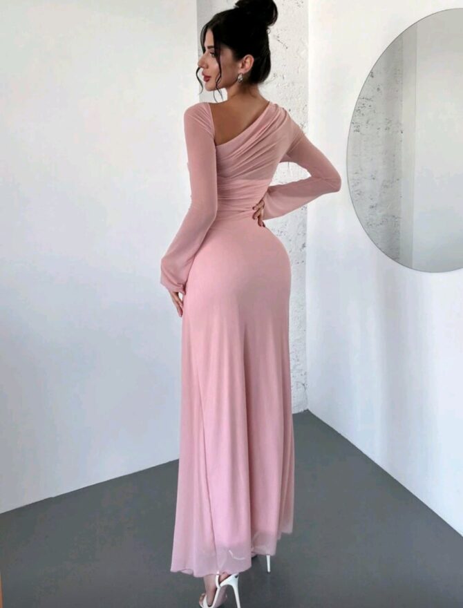 Women's Light Pink Asymmetric Shoulder Mesh Long Sleeve Pleated Extra Long Dress. - Image 2