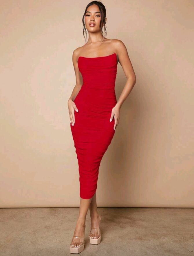 Women's Solid Color Strapless Bodycon Dress With Pleats
