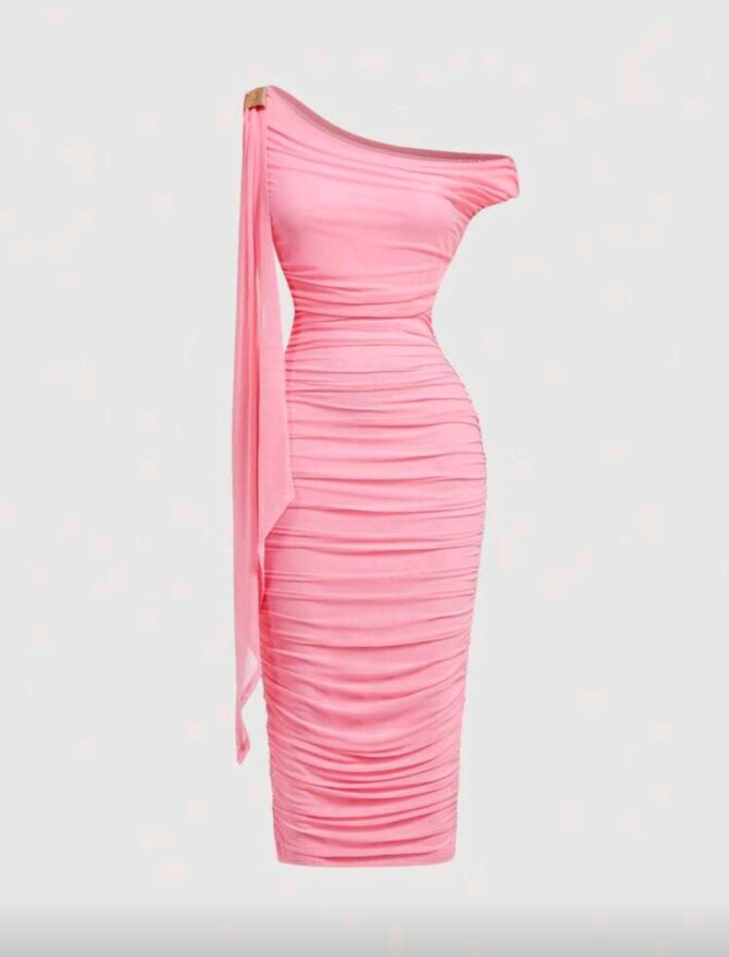 Women's Solid Color Asymmetric Neck Ruched Dress. - Image 3