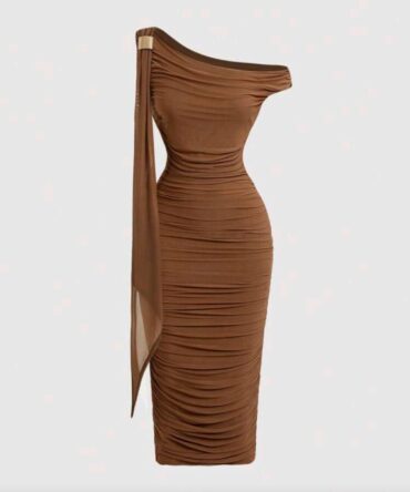 Women's Solid Color Asymmetric Neck Ruched Dress.