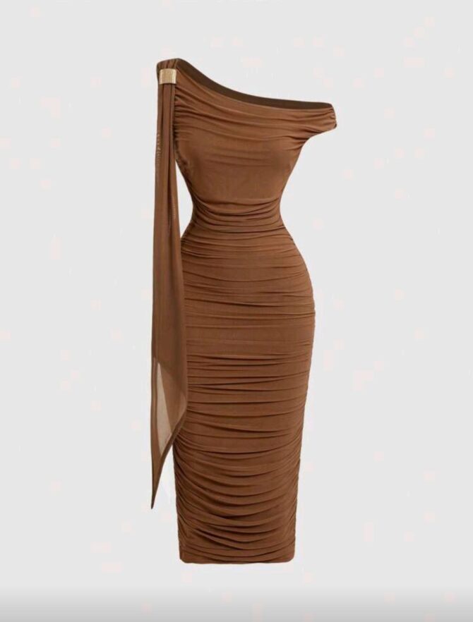 Women's Solid Color Asymmetric Neck Ruched Dress.