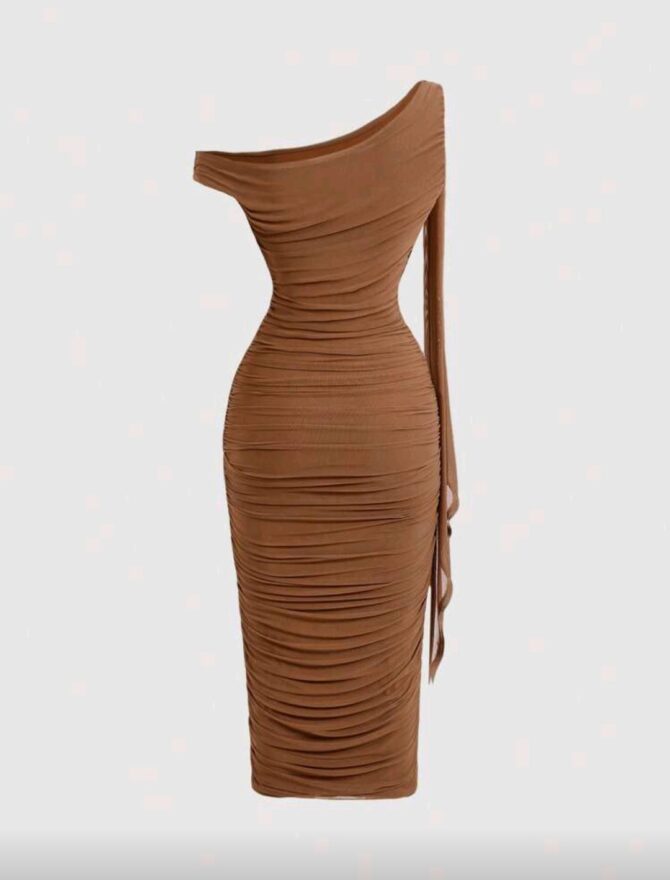 Women's Solid Color Asymmetric Neck Ruched Dress. - Image 2