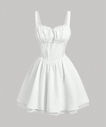 White Short Dress With Striped Chest Cup, Lace Patchwork And Back Tied Strap,White Graduation Dress