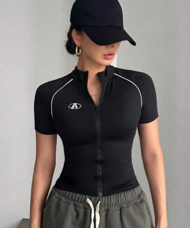 Short Sleeve Zipper Front Slim Fit T-Shirt Summer Crop Tops Women