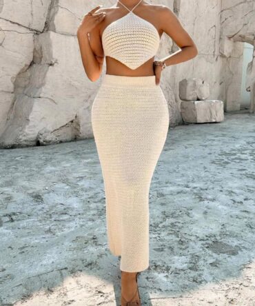 Breezaya Leisure Vacation Halter Top & Skirt & Sweater 2pcs Set