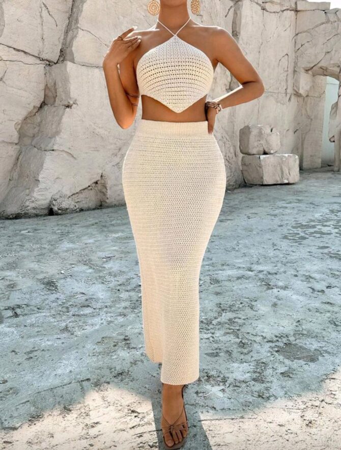 Breezaya Leisure Vacation Halter Top & Skirt & Sweater 2pcs Set