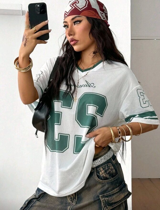 Women's Spring And Summer All-Season Festival Vintage Streetwear Sportswear Camouflage Number Printed Baseball Jersey T-Shirt - Image 5