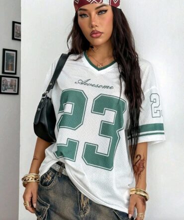 Women's Spring And Summer All-Season Festival Vintage Streetwear Sportswear Camouflage Number Printed Baseball Jersey T-Shirt