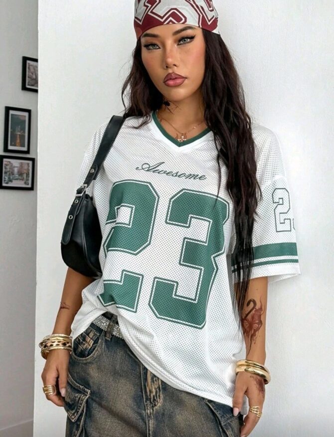 Women's Spring And Summer All-Season Festival Vintage Streetwear Sportswear Camouflage Number Printed Baseball Jersey T-Shirt