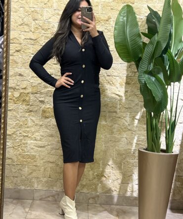 Button front Midi black dress