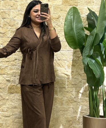 2pcs set front self tie top &wide leg pants