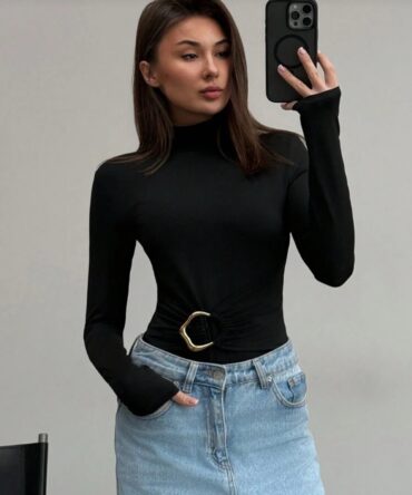 High Neck Bodysuit With Metal Buckle Decor