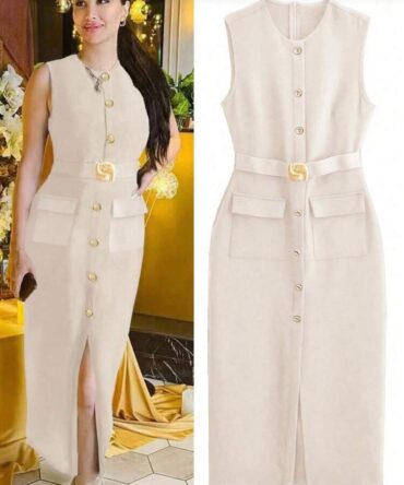 Women Dresses Black Office Long Dresse  Belt Button