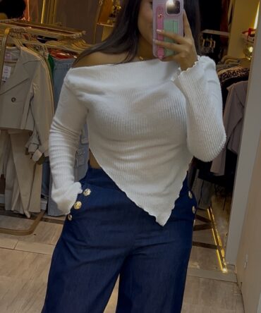 High waist wide leg pants in denim effect fabric with statement gold buttons