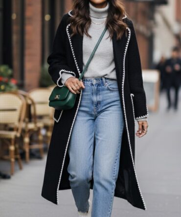 Chanel material long black coat