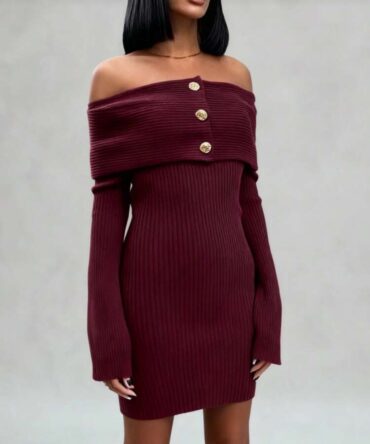 New Style Off The Shoulder Simple And High-End Metal Button Down  Going Out Midi Sweater Dress