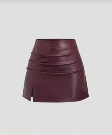 High Waist Pleated Brazilian PU Leather Side Slit Flared A-Line Mini Skirt