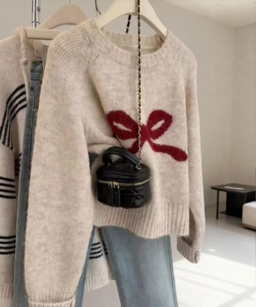 Bow Knit Pullover Sweater, Ribbed Crew Neck Cute Sweater For Women