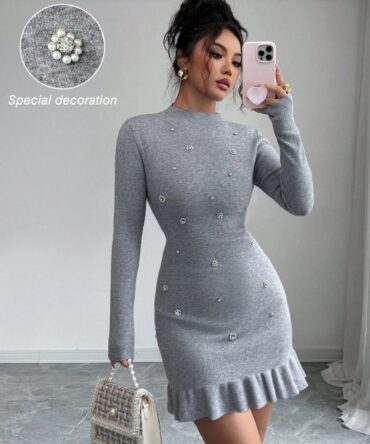 New Knitted Diamond Studded Stand Collar Long Sleeve Fitted Elegant Ruffle Hem Women Sweater Dress