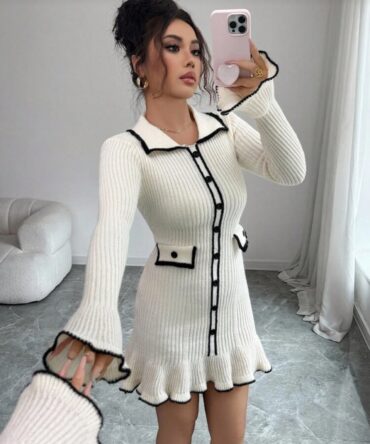 Women's Fitted Ruffle Hem Vintage Collar Elegant Sweater Dress