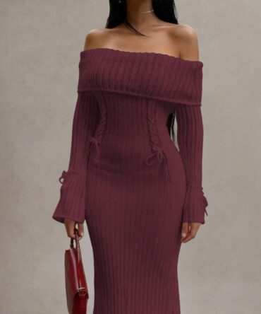 Off-Shoulder Tie Waist Flared Long Sleeve Bow Rib Knit Crochet