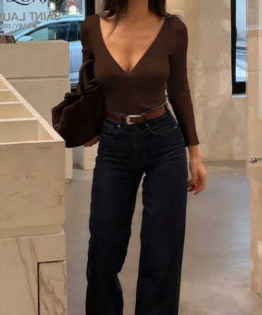 Deep V-Neck Backless Long Sleeve T-Shirt, Basic Top With Soft And Comfortable Fabric, Slim Fit And Flattering