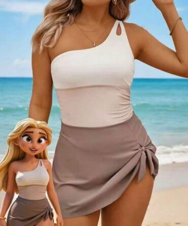 2pcs/swimsuit Women's New Arrival Color Block Asymmetrical Swimsuit, Fitted & Slimming