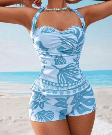 Swim Lushoire Women's Spaghetti Strap Bikini Top, Tropical Floral & Gemstone Pattern Swim Bottoms With Tummy Control