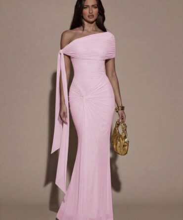 Women's Solid Color Twist Shoulder Design Fitted Fishtail Hem Elegant Dress