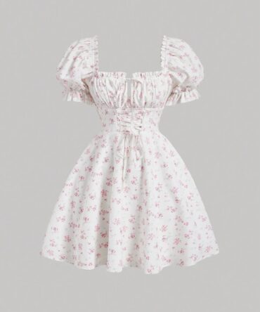 MOD Ditsy Floral Print Lace Up Front Puff Sleeve Milkmaid Dress