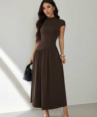 PETITE Women's Solid Color Stand Collar Puffed Sleeve Pleated Long Casual Dress, Summer Brown Dress