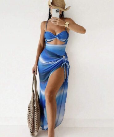 Swim SXY Summer New Women 2pcs Gradient Rope Strap Crop Top & Tie Side Beach Dress Bikini Set