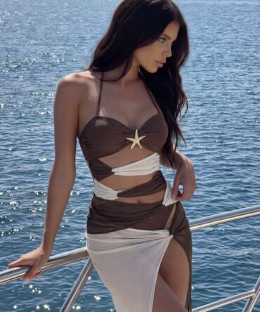 Bonvoyette Women's Elegant Brown Colorblock Hollow Striped One-Piece Swimsuit With Skirt 2 Pieces Set,Summer Casual Beach Holiday Vacation Bohemian Swimwear